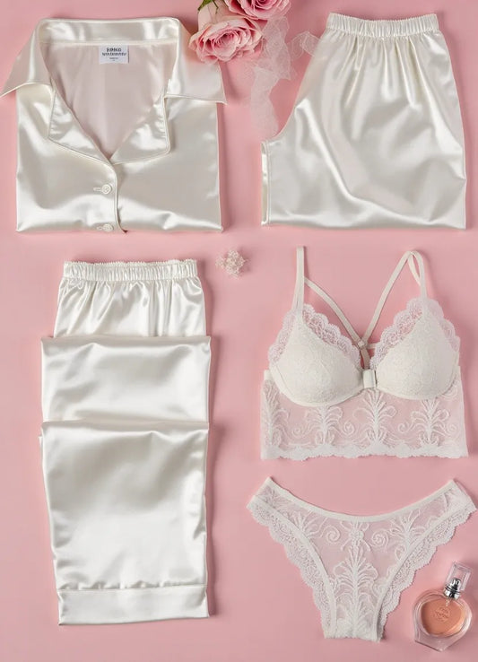White Night Suit & Bra Penty Set Combo for Women's