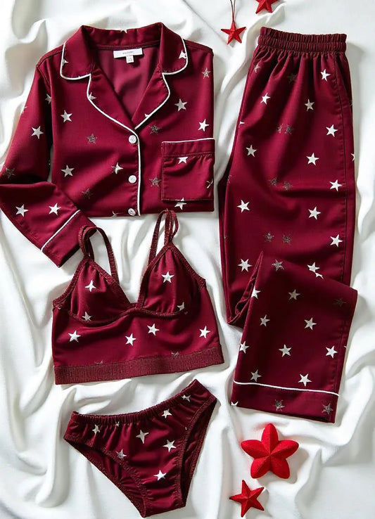Maroon Love Night Suit & Bra Penty Set Combo for Women's